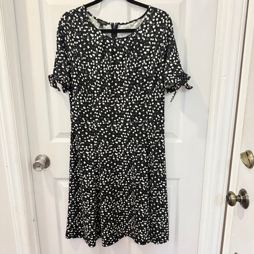 Talbots Petites Black White Polka Dot Tie Sleeve Dress Size LP Large Classic‎